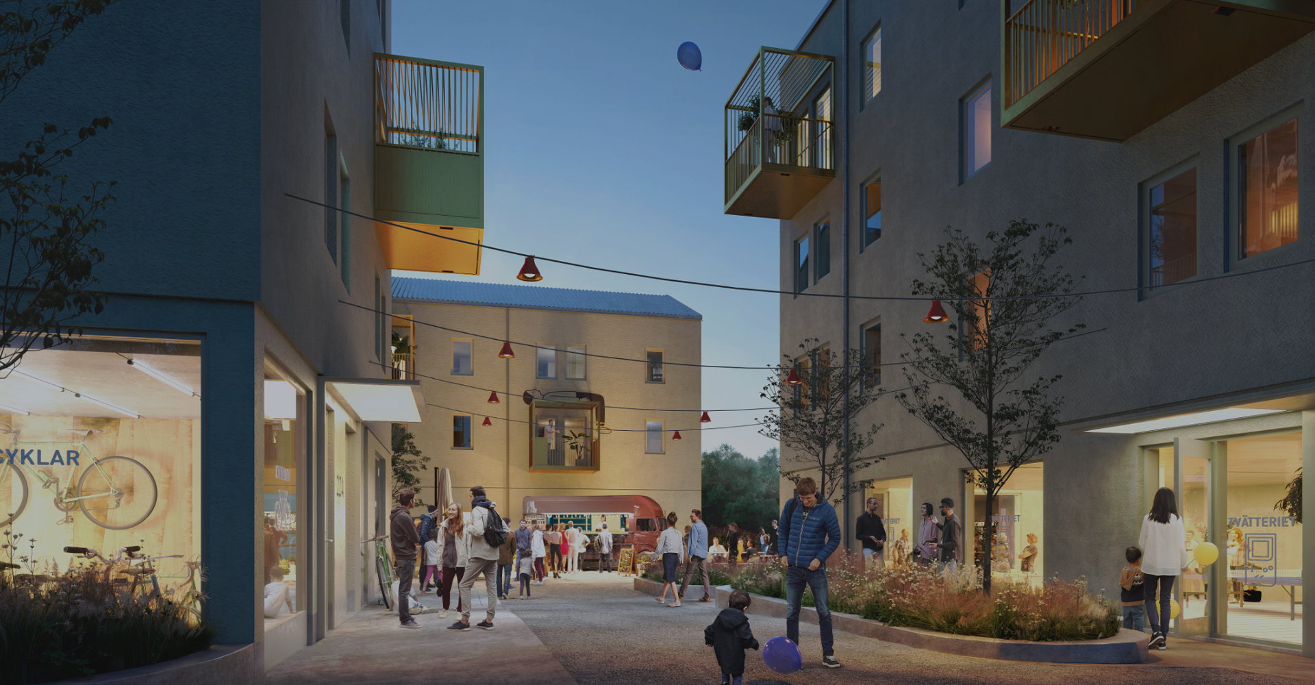 Ihmisiä kadulla, rakennusten ja kirkkaasti valaistujen kauppojen välissä.